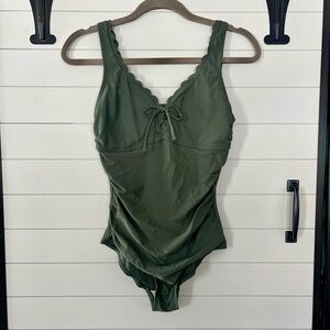 Merona Olive Green Scalloped One Piece Bathing Suit Size Small Swimsuit Rouching